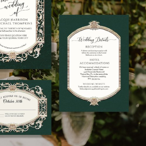 Elegant Vintage Emerald n Gold Wedding Details Invitation