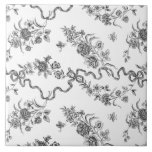 Elegant Vintage Engraved Black Roses and Ribbons Ceramic Tile<br><div class="desc">Elegant and romantic black engraved vintage roses,  flowers,  vines,  leaves and butterflies with ribbons and bows intertwined on a white background.</div>