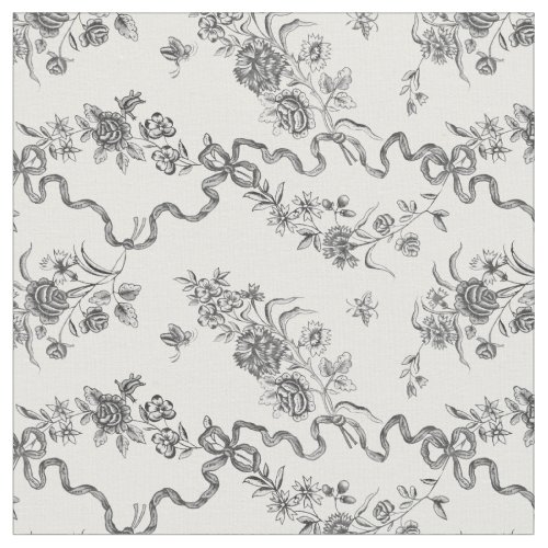 Elegant Vintage Engraved Black Roses and Ribbons Fabric