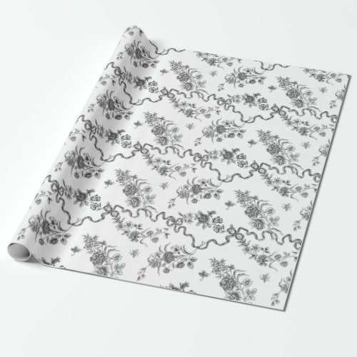 Elegant Vintage Engraved Black Roses and Ribbons Wrapping Paper