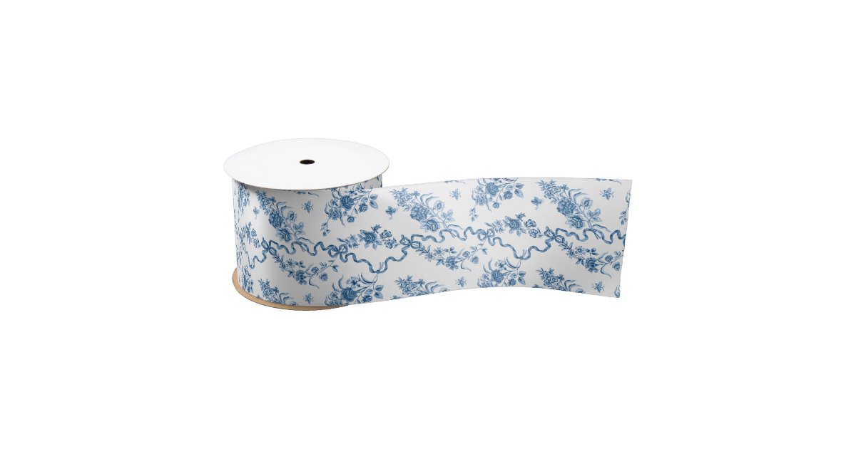 Dusty Blue and Dusty Rose Floral Botanical Pattern Satin Ribbon