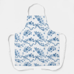 Elegant Vintage Engraved Blue Roses and Ribbons Apron