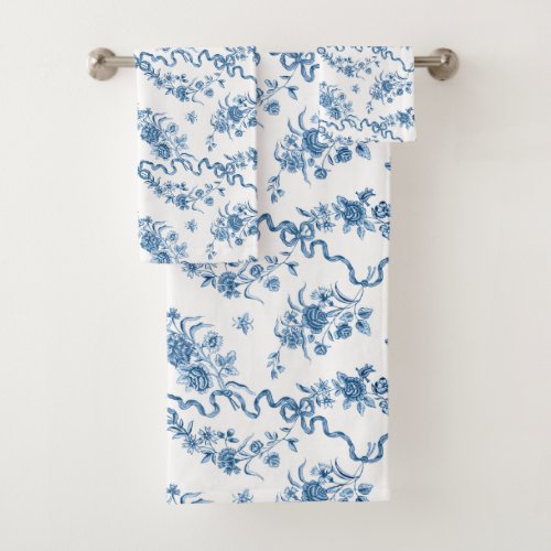 Elegant Vintage Engraved Blue Roses and Ribbons Bath Towel Set