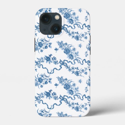 Elegant Vintage Engraved Blue Roses and Ribbons iPhone 13 Mini Case