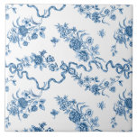 Elegant Vintage Engraved Blue Roses and Ribbons Ceramic Tile<br><div class="desc">Elegant and romantic blue engraved vintage roses,  flowers,  vines,  leaves and butterflies with ribbons and bows intertwined on a white background.</div>