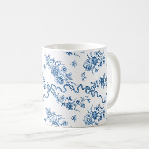 Elegant Vintage Engraved Blue Roses and Ribbons Coffee Mug
