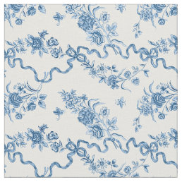 Elegant Vintage Engraved Blue Roses and Ribbons Fabric