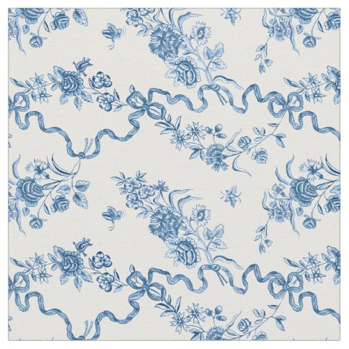 Elegant Vintage Engraved Blue Roses and Ribbons Fabric