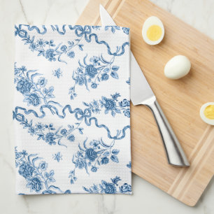 Elegant Vintage Engraved Blue Roses and Ribbons Kitchen Towel