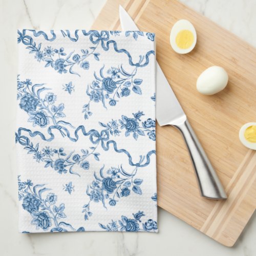 Elegant Vintage Engraved Blue Roses and Ribbons Kitchen Towel