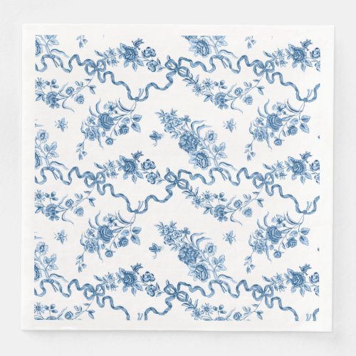 Elegant Vintage Engraved Blue Roses and Ribbons Paper Dinner Napkins