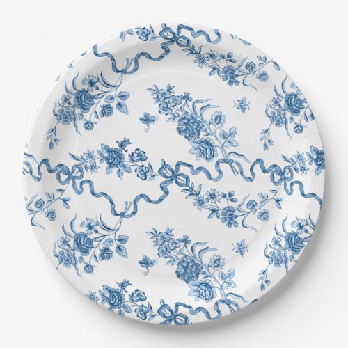 Elegant Vintage Engraved Blue Roses and Ribbons Paper Plates