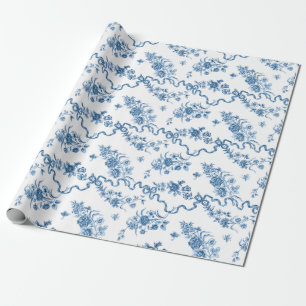 Elegant Vintage Engraved Blue Roses and Ribbons Wrapping Paper