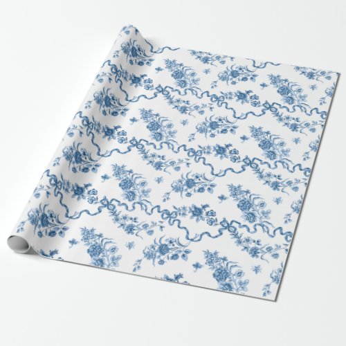 Elegant Vintage Engraved Blue Roses and Ribbons Wrapping Paper