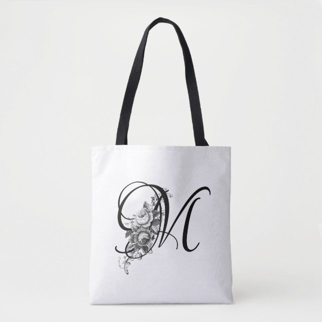 Elegant Vintage Engraved Floral Monogram Tote Bag (Front)