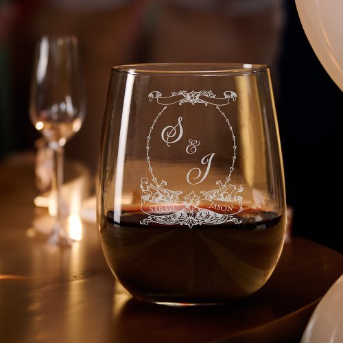 Elegant Vintage Etched Frame wName  Monogram Stemless Wine Glass