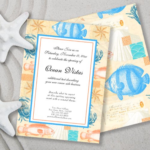 Elegant Vintage Fish and Shellfish Collage Invitation