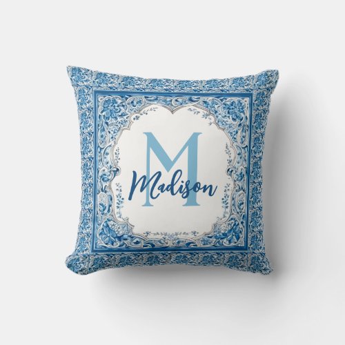 Elegant vintage floral aqua Blue monogram Throw Pillow