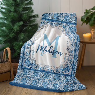 Elegant vintage floral aqua Blue yellow monogram Fleece Blanket