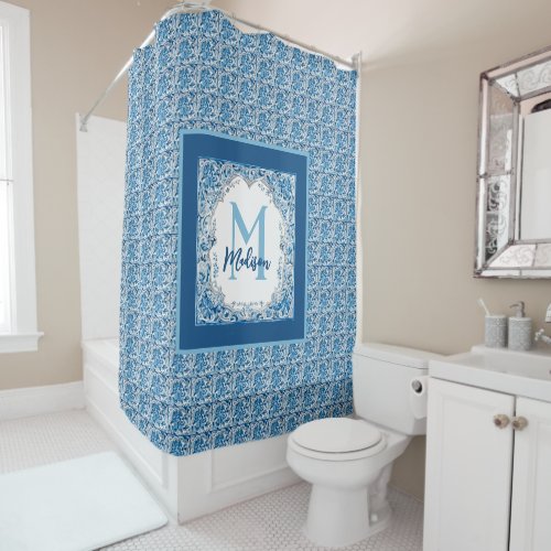 Elegant vintage floral aqua Blue yellow monogram Shower Curtain