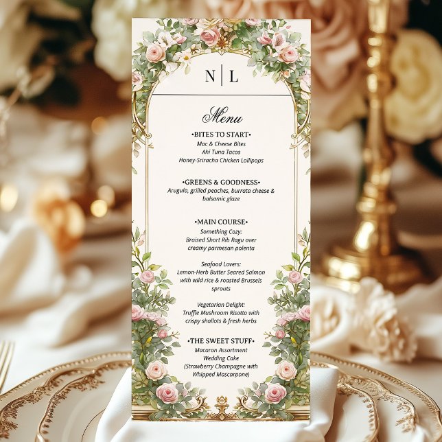 Elegant Vintage Floral Arch Wedding Monogram Menu (Creator Uploaded)