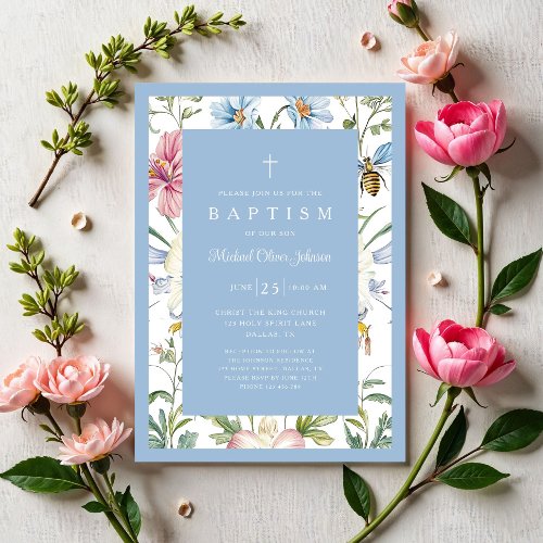 Elegant Vintage Floral Baby Boy Baptism Invitation