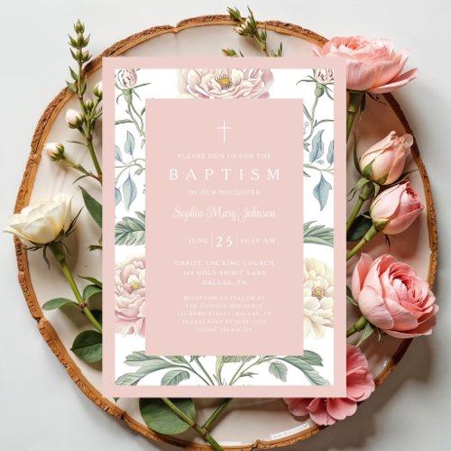 Elegant Vintage Floral Baby Girl Baptism Invitation