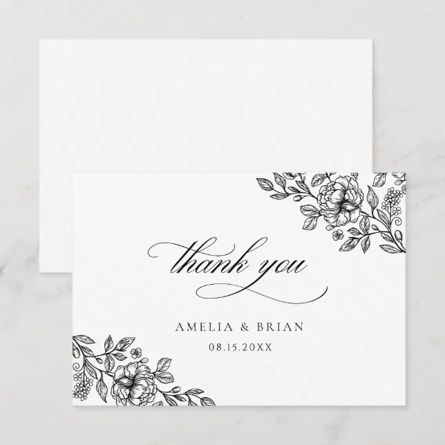 Elegant Vintage Floral Black White Script Wedding Thank You Card | Zazzle