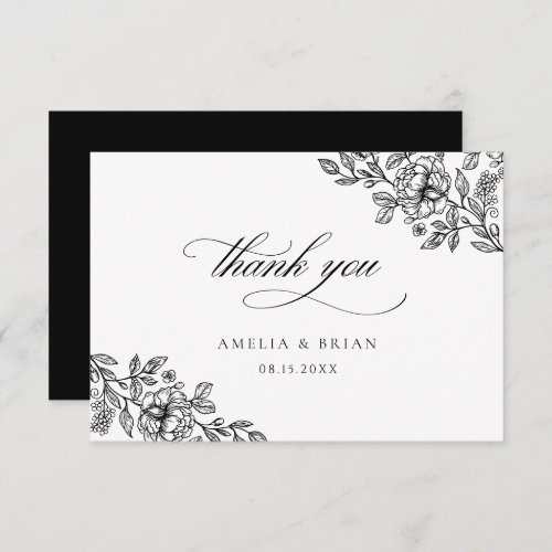 Elegant Vintage Floral Black White Script Wedding Thank You Card