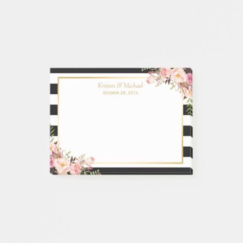 Elegant Vintage Floral Black White Stripes Wedding Post_it Notes