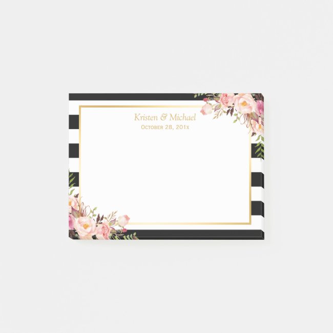 Elegant Vintage Floral Black White Stripes Wedding Post-it Notes