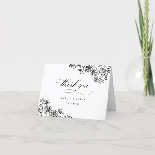 Elegant Vintage Floral Black White Wedding Thank You Card