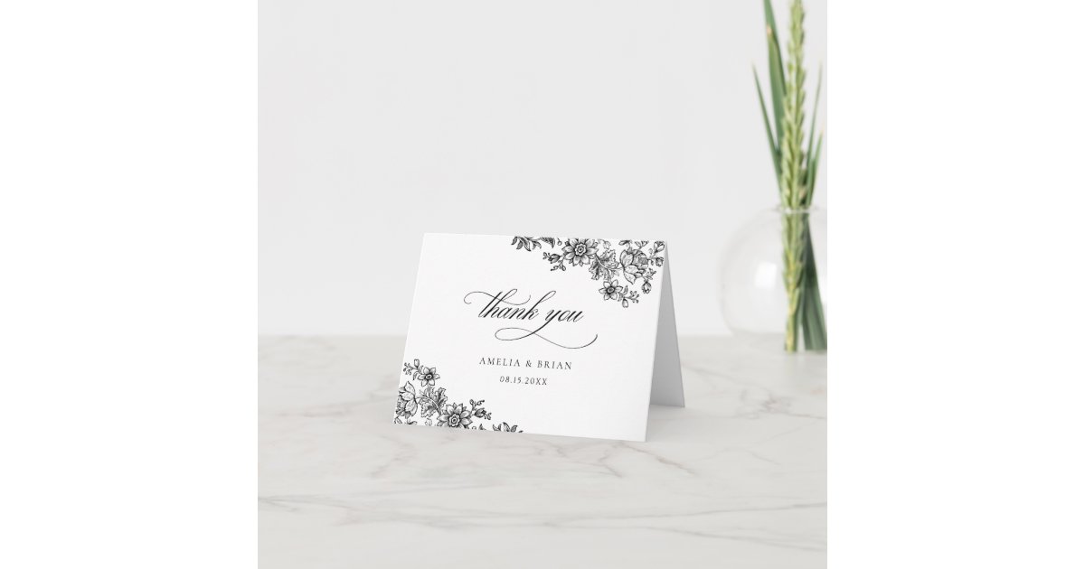 Elegant Vintage Floral Black White Wedding Thank You Card | Zazzle