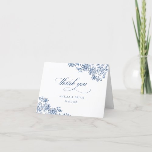 Elegant Vintage Floral Blue Script Wedding Thank You Card