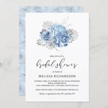 Elegant Vintage Floral Blue Silver Bridal Shower Invitation by Wedding_Paper_Nest at Zazzle