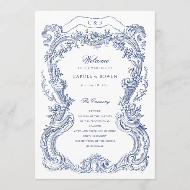 Customizable Program Frames Elegant Vintage Floral Blue Toile Frame Wedding Program | Zazzle