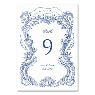 Elegant Vintage Floral Blue Toile Wedding Table Number