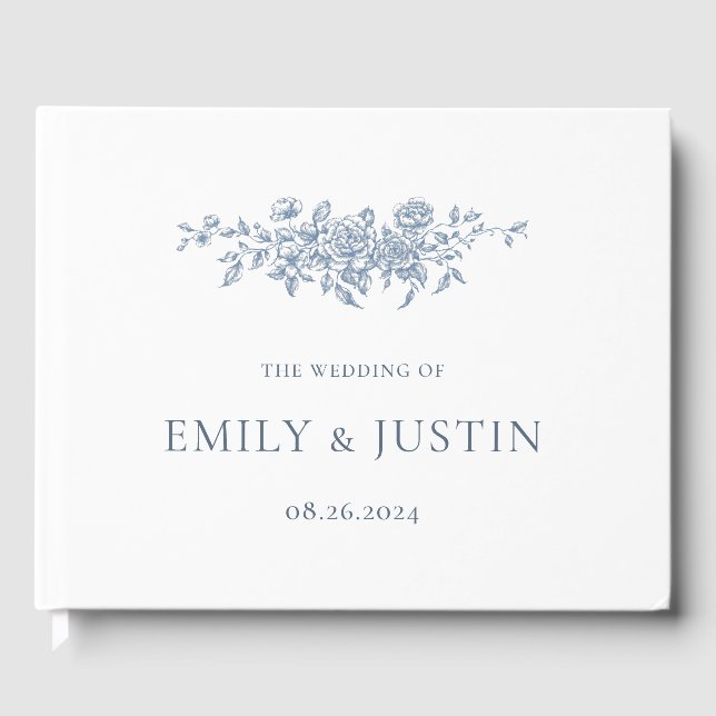 Elegant Vintage Floral Blue Wedding Guest Book (Front)