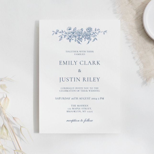 Elegant Vintage Floral Blue Wedding Invitation (Creator Uploaded)
