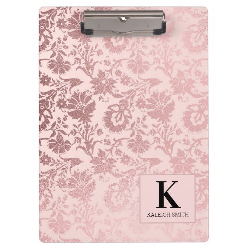 Elegant Vintage Floral Blush Pink Black Monogram Clipboard