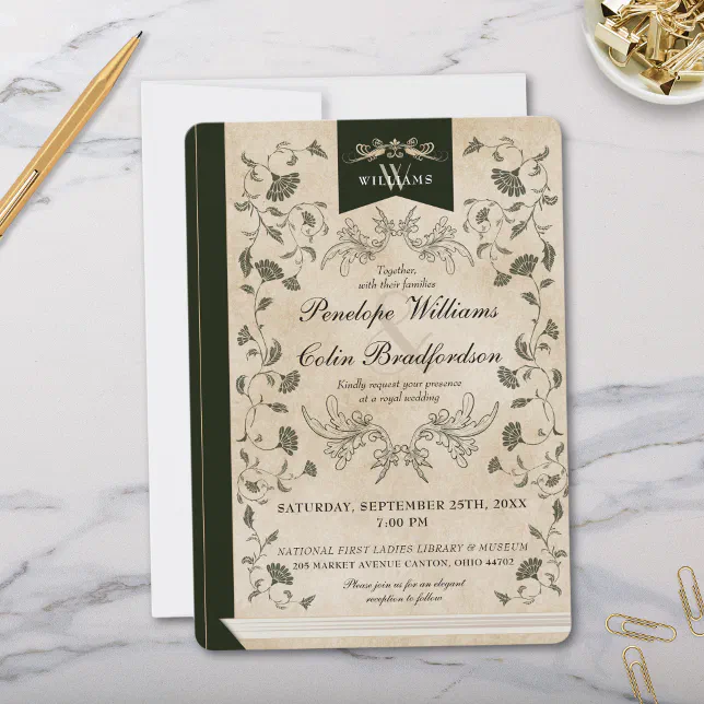 Elegant Vintage Floral Book Cover Wedding Invitation | Zazzle