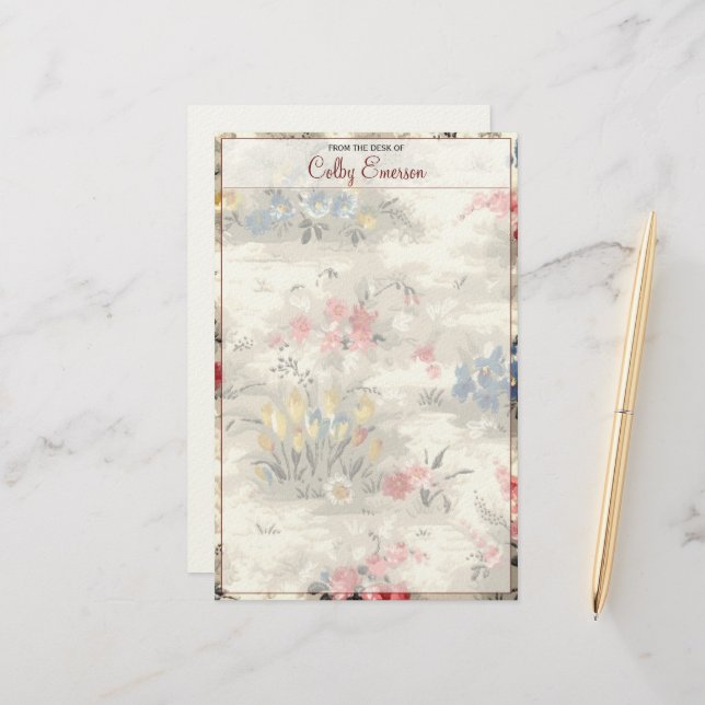Elegant Vintage Floral Botanical Burgundy Text Stationery (Front/Back In Situ)