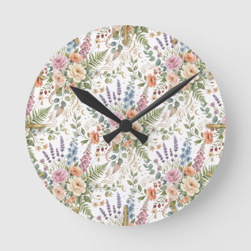 Elegant Vintage Floral Botanical Design Round Clock