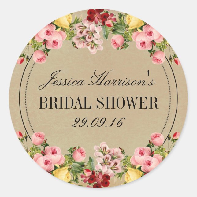 Elegant Vintage Floral Bridal Shower Classic Round Sticker (Front)