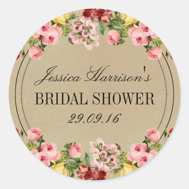 Elegant Vintage Floral Bridal Shower Classic Round Sticker | Zazzle