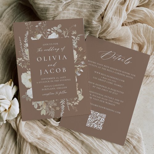 Elegant Vintage Floral Brown All in One Wedding Invitation