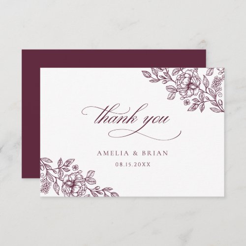Elegant Vintage Floral Burgundy Script Wedding Thank You Card