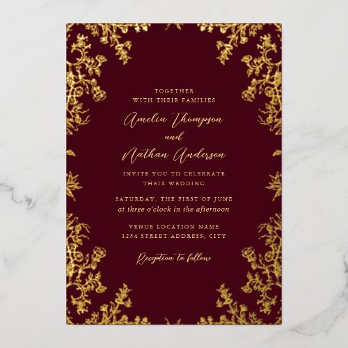 Elegant Vintage Floral Burgundy Wedding  Foil Invitation