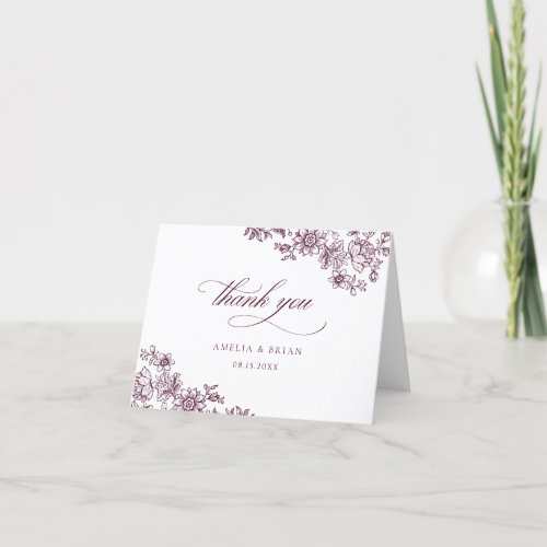 Elegant Vintage Floral Burgundy Wedding Thank You Card