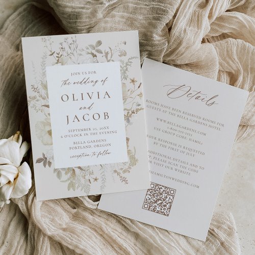Elegant Vintage Floral Cream All in One Wedding Invitation